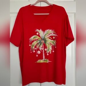 Red Palm Tree Graphic V-Neck Christmas Tee, Size 3XL